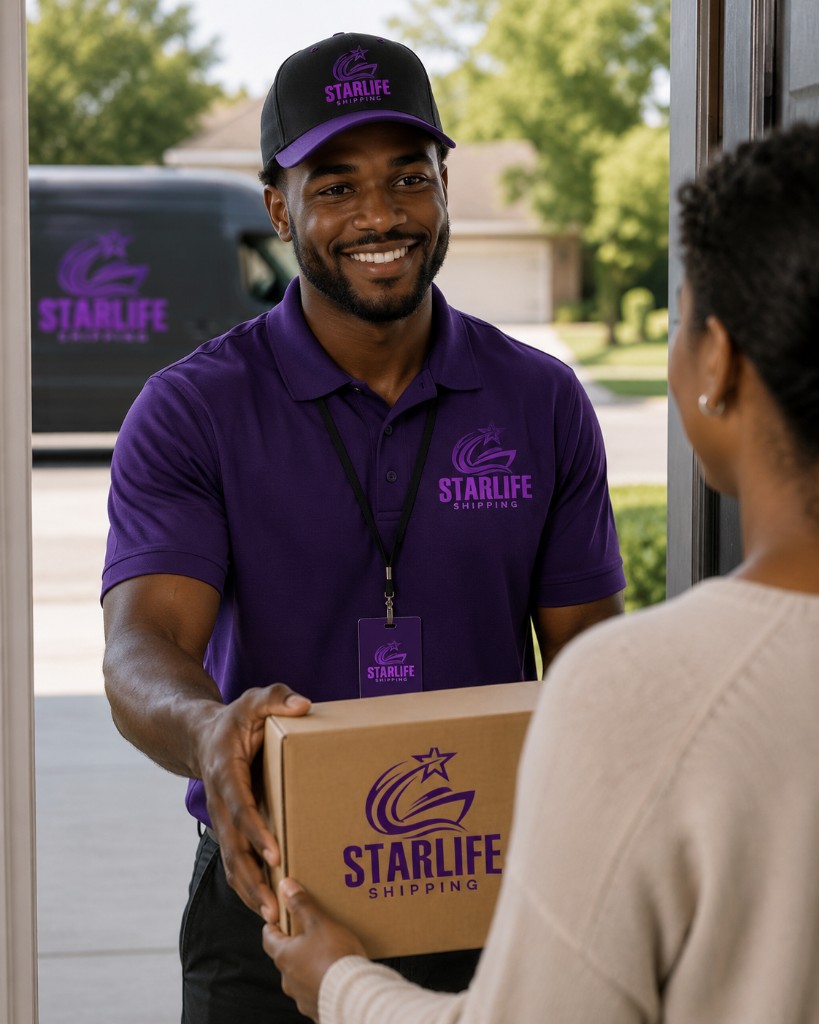 StarLife courier handing a package to a customer at the door