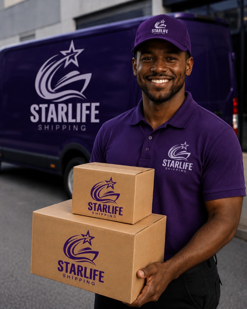 StarLife courier carrying branded packages by the delivery van