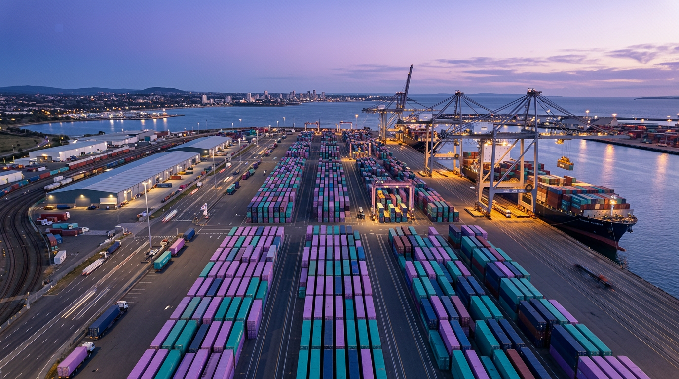 Aerial view of StarLife shipping port at dusk