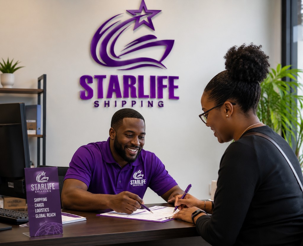 StarLife team member assisting a customer at the front-desk under the StarLife Shipping signage