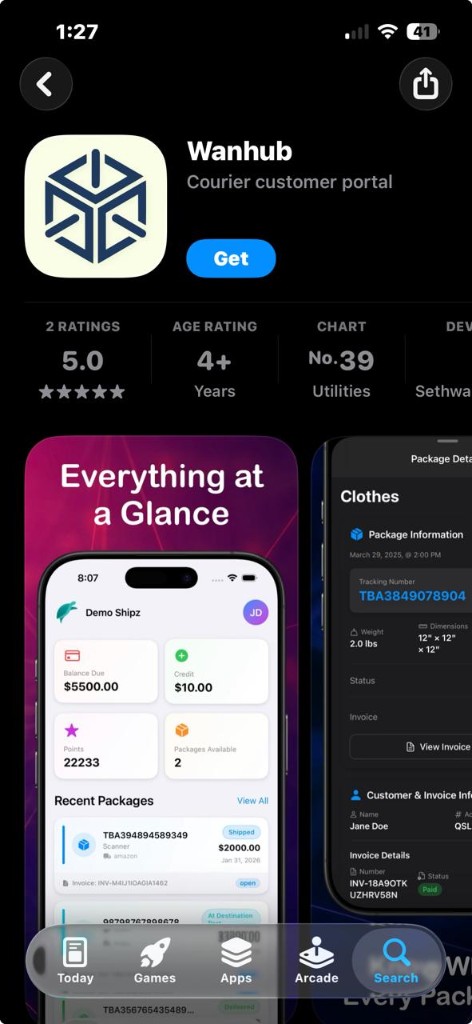 Apple App Store search result for Wanhub courier customer portal with Get button and app previews