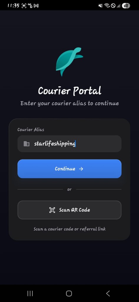 Wanhub Courier Portal with starlifeshipping entered in the Courier Alias field