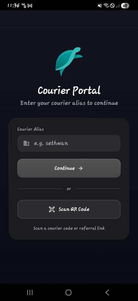 Wanhub Courier Portal welcome screen after opening the app: enter courier alias or scan QR code