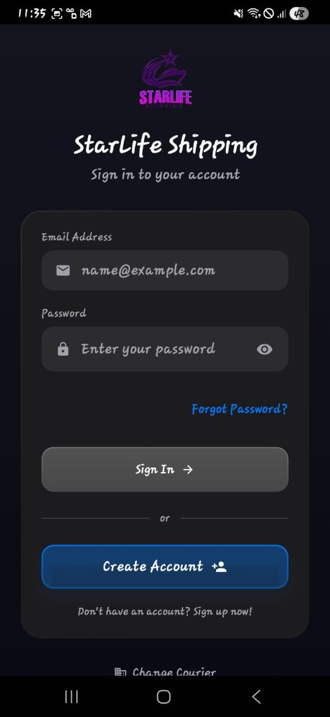StarLife Shipping sign-in screen in Wanhub: email address, password, and Create Account