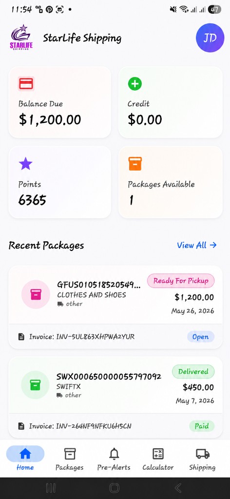 StarLife Shipping Wanhub home screen: balance due, credit, points, packages available, and recent shipments